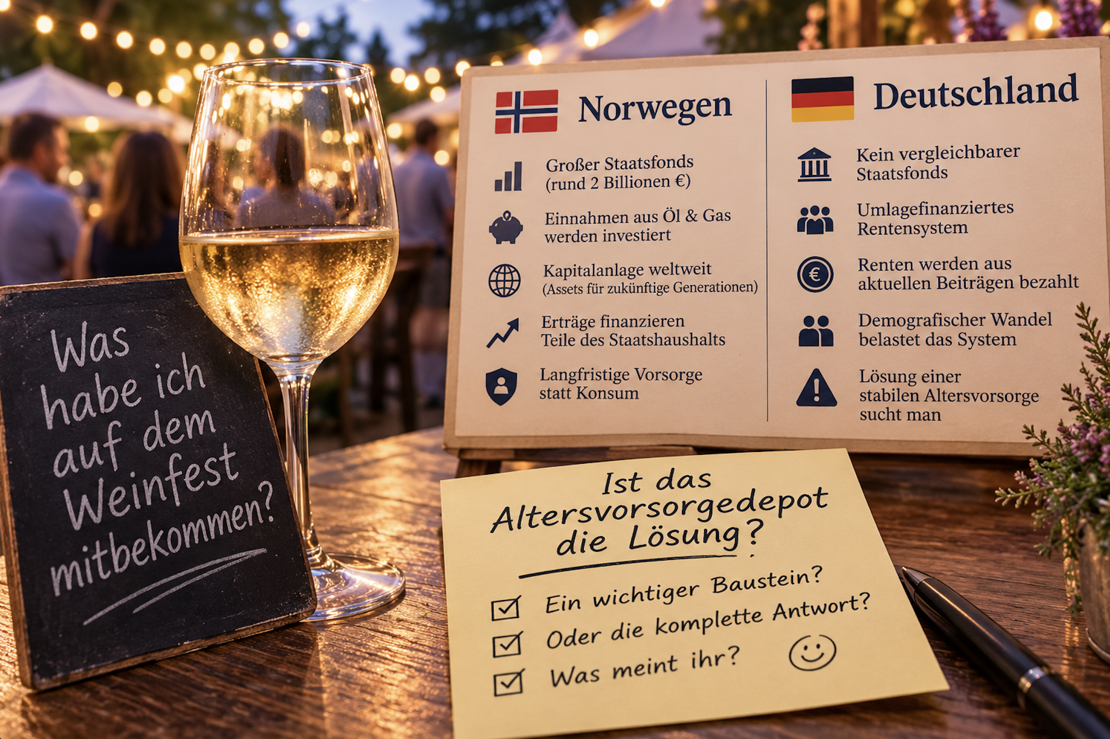 Weinfest, deutsches Rentensystem, Norwegen und das Altersvorsorgedepot